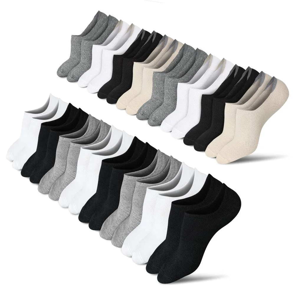 Wernies Bulk Pack Low Cut No Show Socks, 16 pairs, Black, gray, beige and white