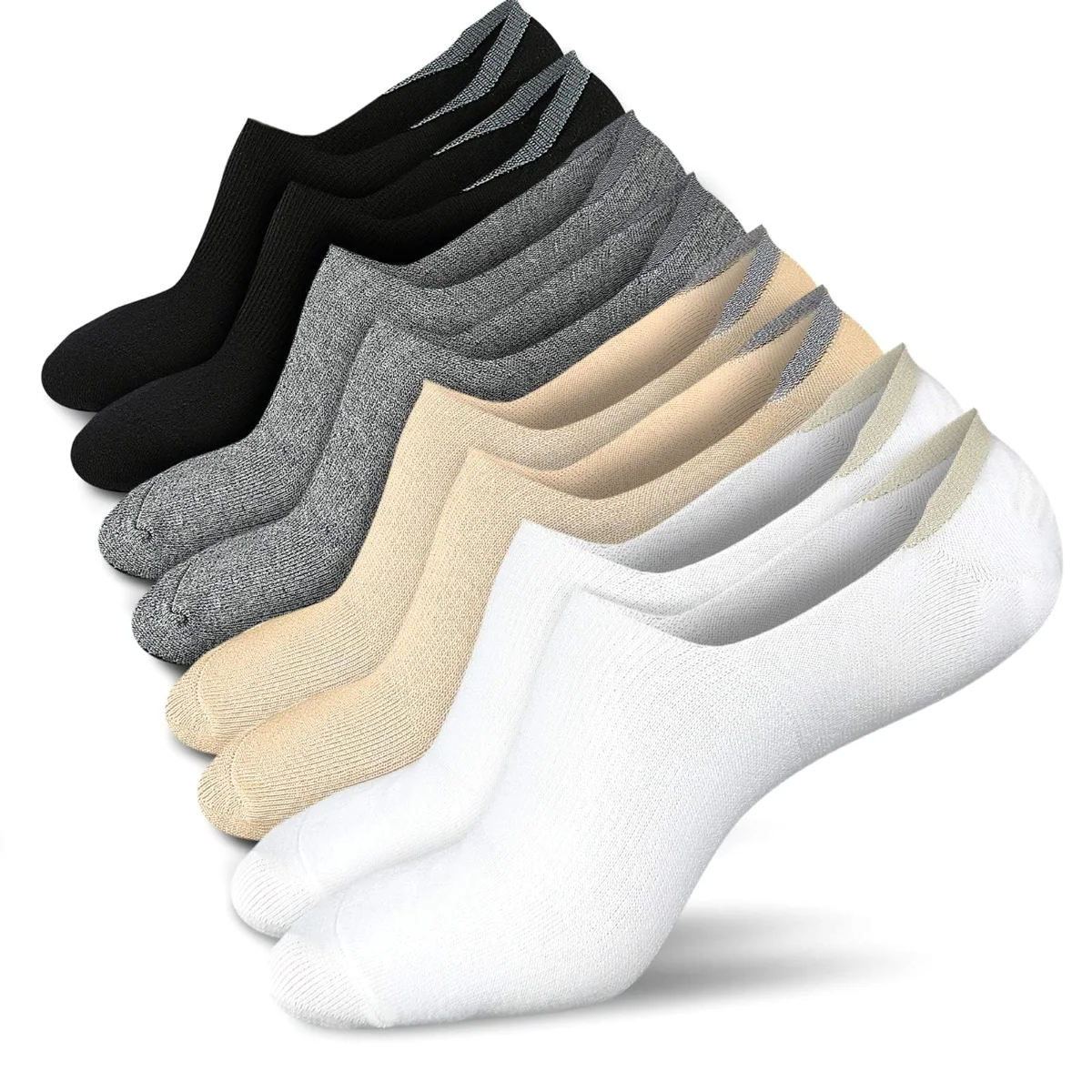 Wernies Classic Low Cut No Show Socks, 4 pairs, Black, gray, beige and white