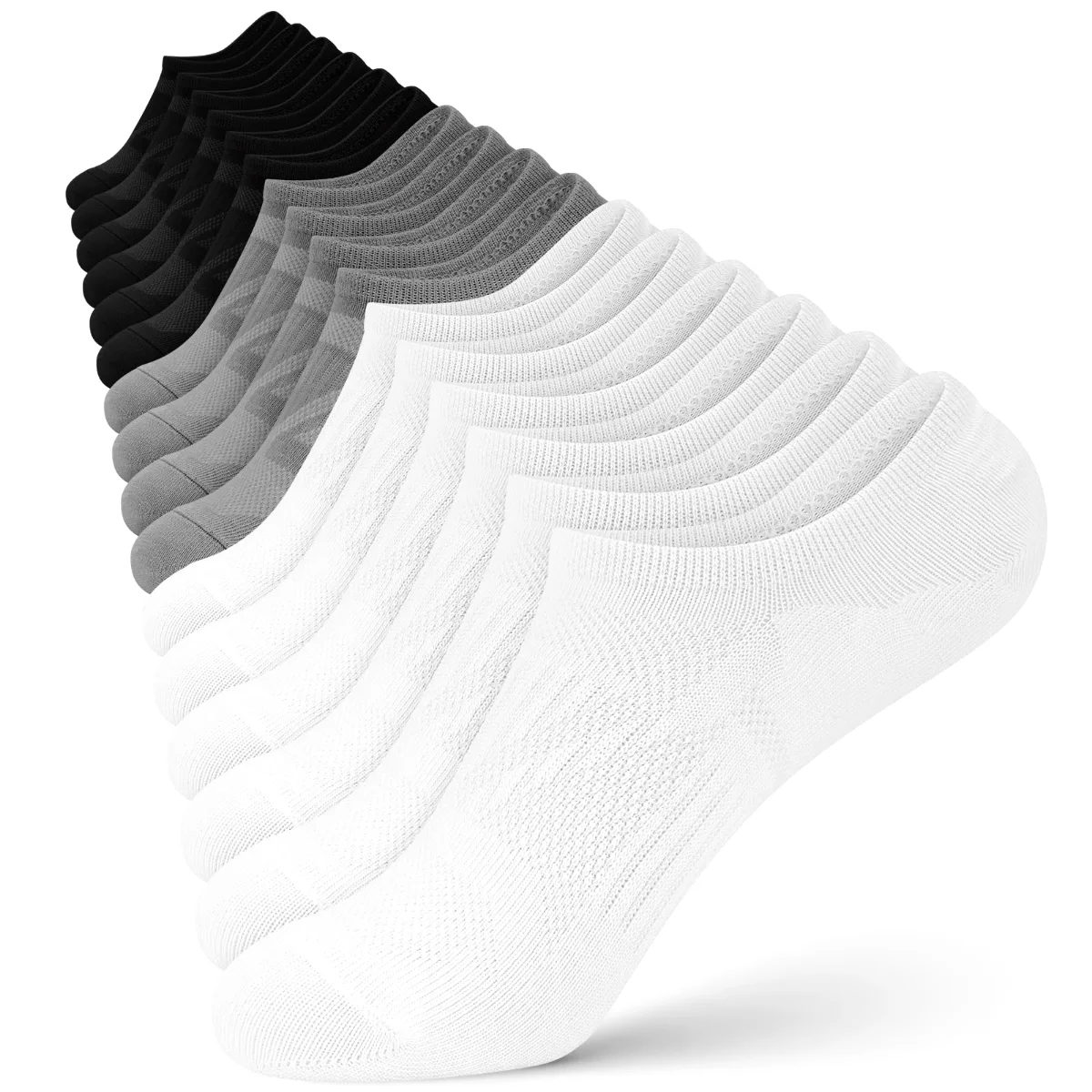 Wernies Cushioned Mesh No Show Socks, 8 pairs, Black, gray and white