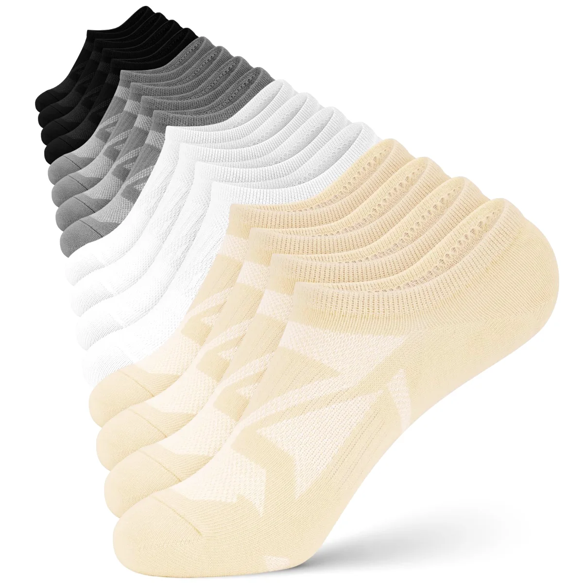 Wernies Cushioned Mesh No Show Socks, 8 pairs, Black, gray, white and beige
