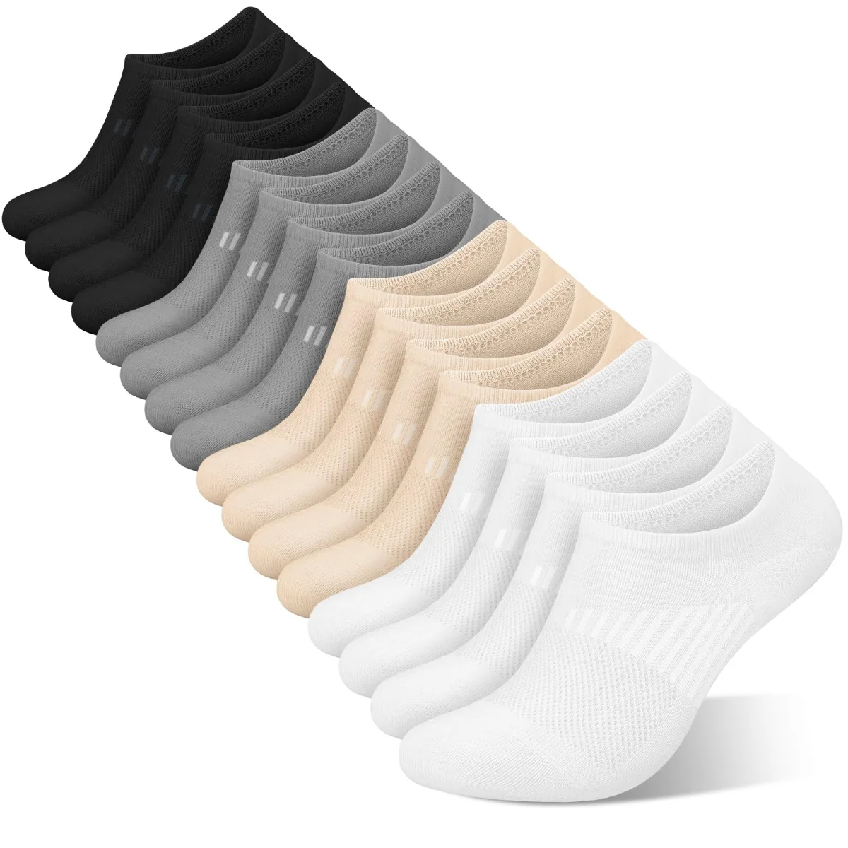 Wernies Everyday Mesh No Show Socks, 8 pairs, 2 black, 2 white, 2 gray, 2 nude