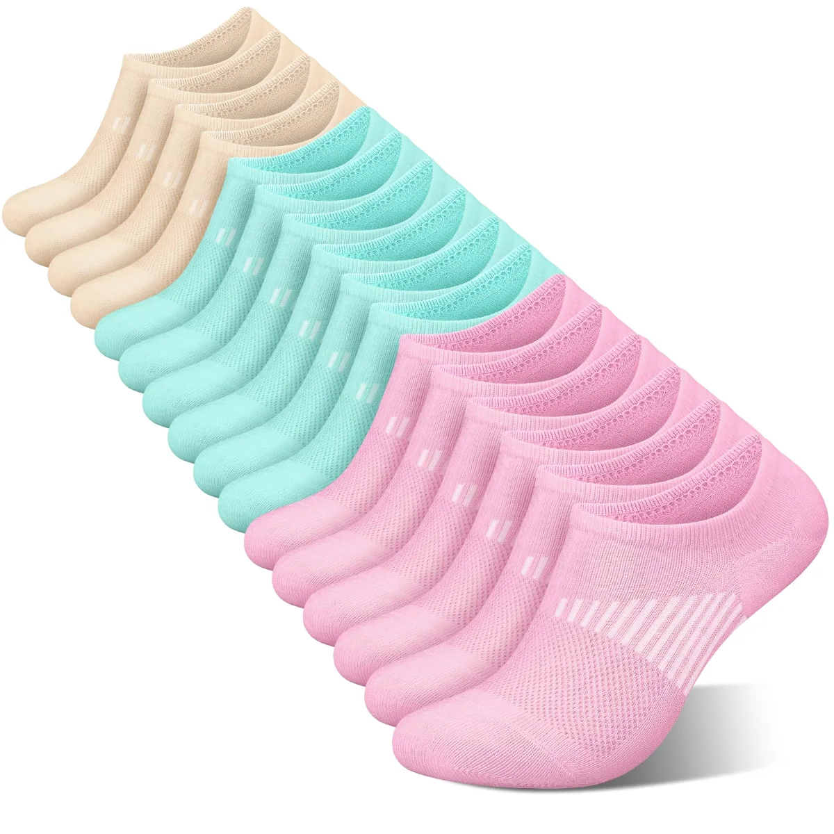 Wernies Everyday Mesh No Show Socks, 8 pairs, Beige, teal and pink