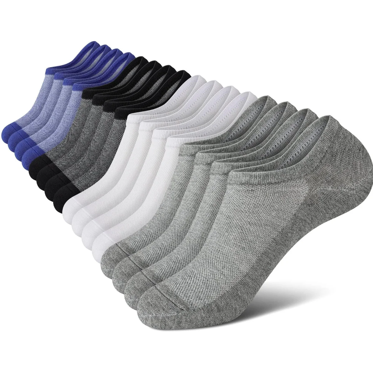 Wernies Men's Classic No Show Socks, 8 pairs, Black, blue, white and gray