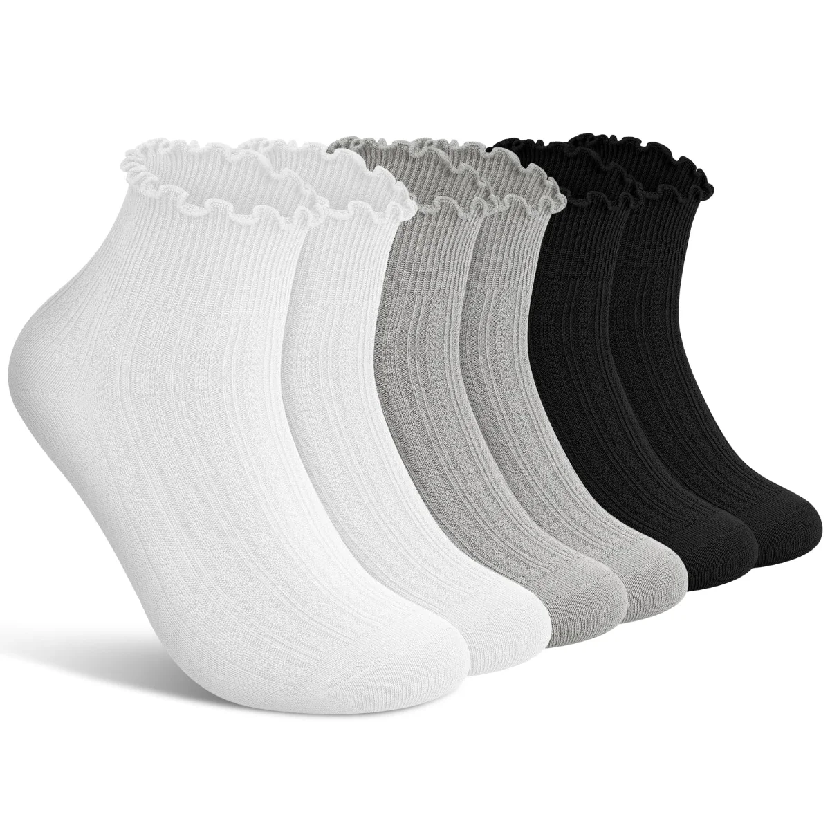 Wernies Ruffle Crew Socks, 6 pairs, 2 black, 2 white, 2 gray