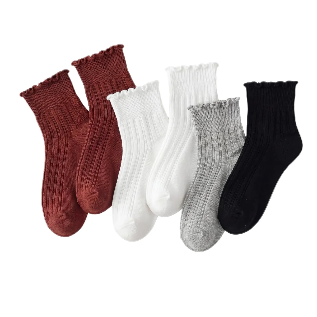 Wernies Ruffle Crew Socks, 6 pairs, 2 rust, 2 white, 1 gray, 1 black